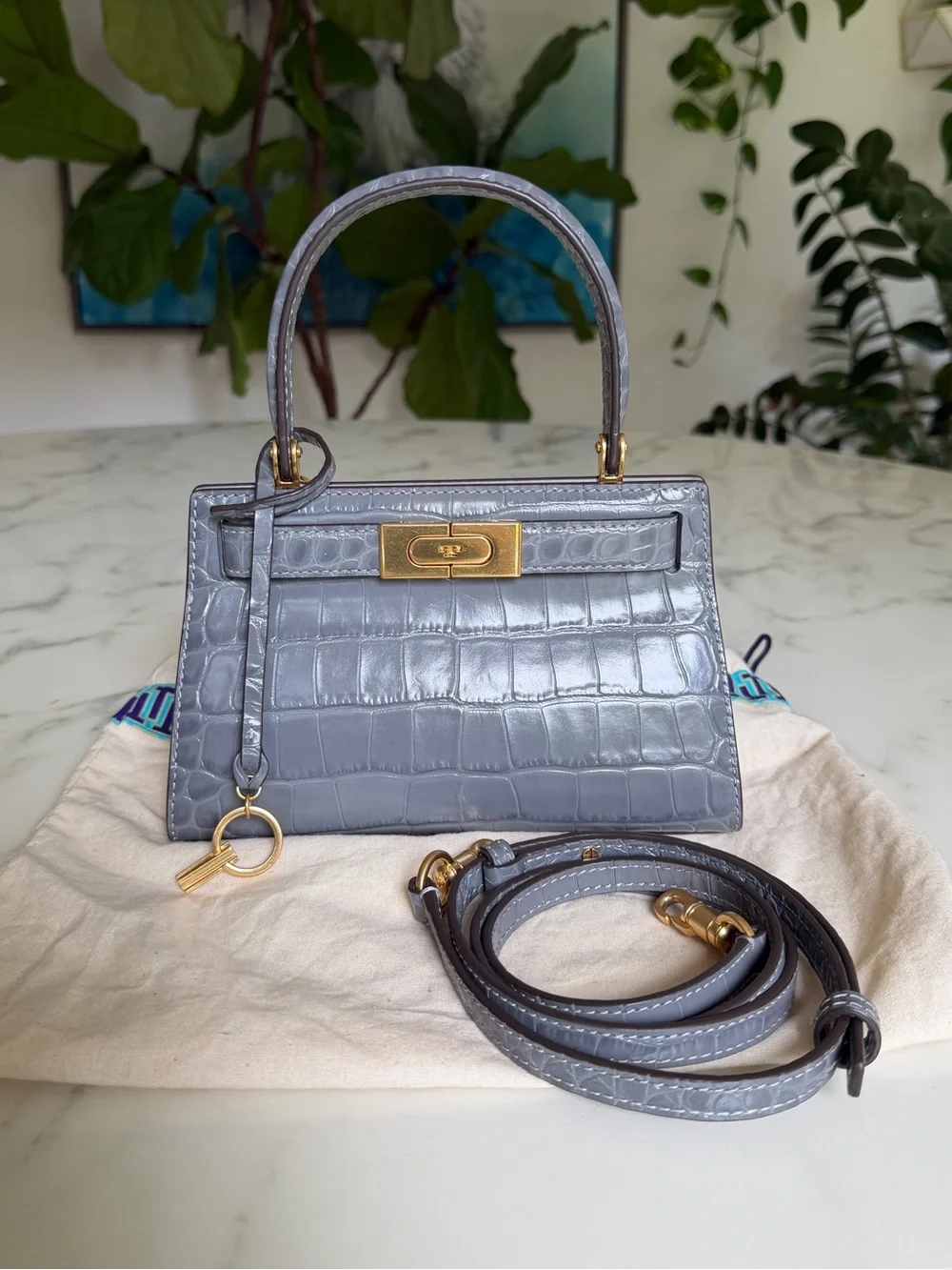 Tory Burch Lee Radziwill Petite Bag in Zinc Gray Crocodile Croc Embossed Leather
